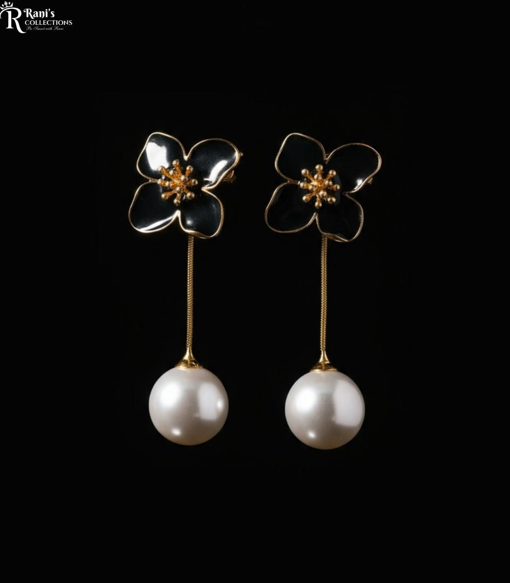 Black Flower Pearl Drop Earrings