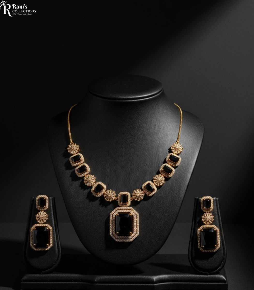 Bollywood style black stone &pave crystal jewelry set