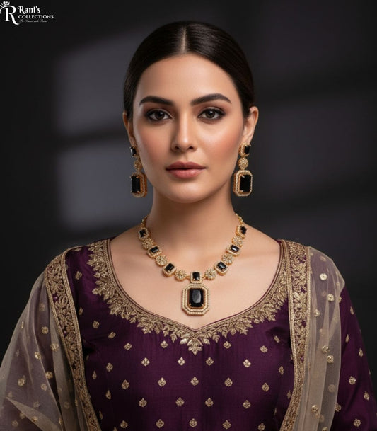 Bollywood style black stone &pave crystal jewelry set
