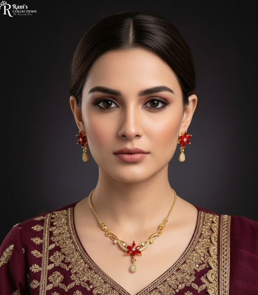 Ruby color flower necklace set