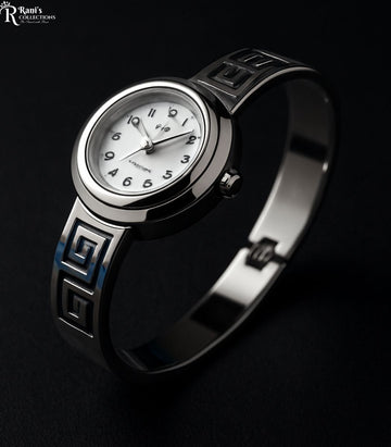Silver tone Greek key cuff watch