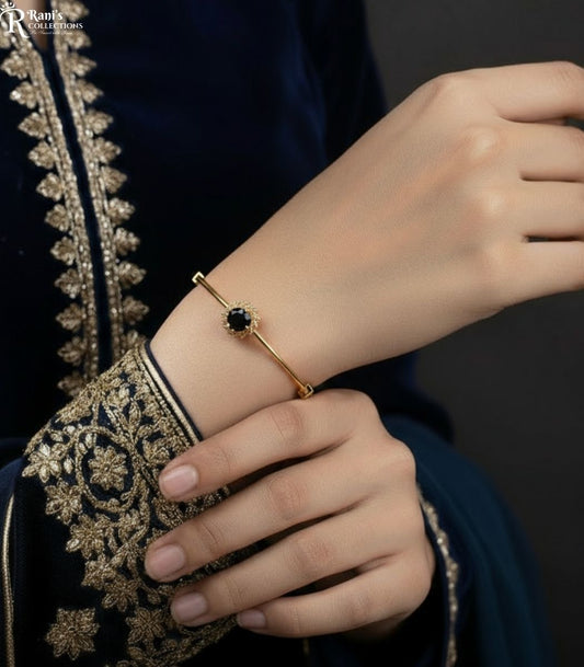 Black stone flower adjustable bangles set of 2