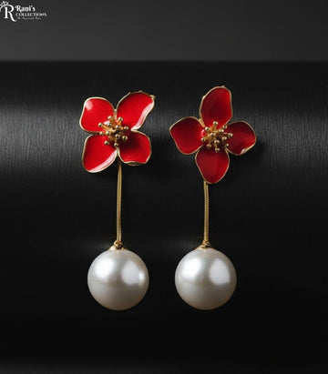 Red flower pearl drop earrings